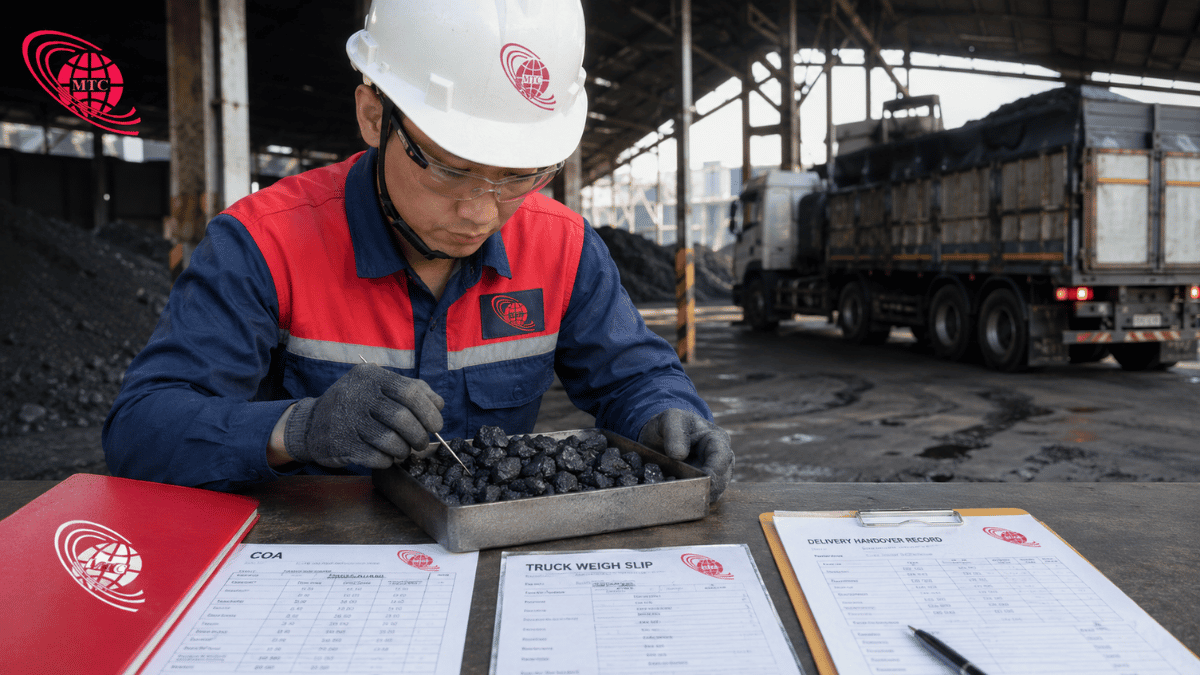 Kỹ thuật viên QA QC kiểm tra mẫu than công nghiệp, COA và phiếu cân xe tại kho