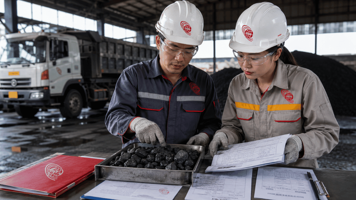Nhân viên kỹ thuật kiểm tra COA than, mẫu than và phiếu cân xe tại kho công nghiệp