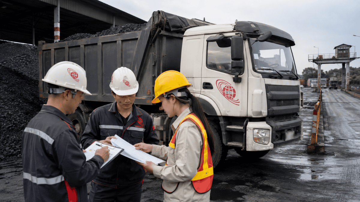 Xe tải giao than công nghiệp tại kho nhà máy với nhân viên kiểm tra chứng từ giao nhận