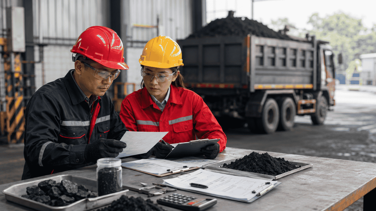 Kiểm Tra COA Than Và Phiếu Cân Xe Kỹ thuật viên kiểm tra COA than và phiếu cân xe trước khi nhận hàng tại kho nhà máy