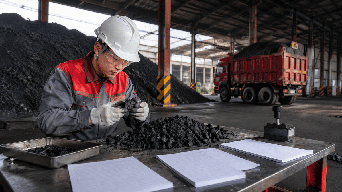 Nhân viên QA QC kiểm tra mẫu than công nghiệp, COA và phiếu cân xe tại kho