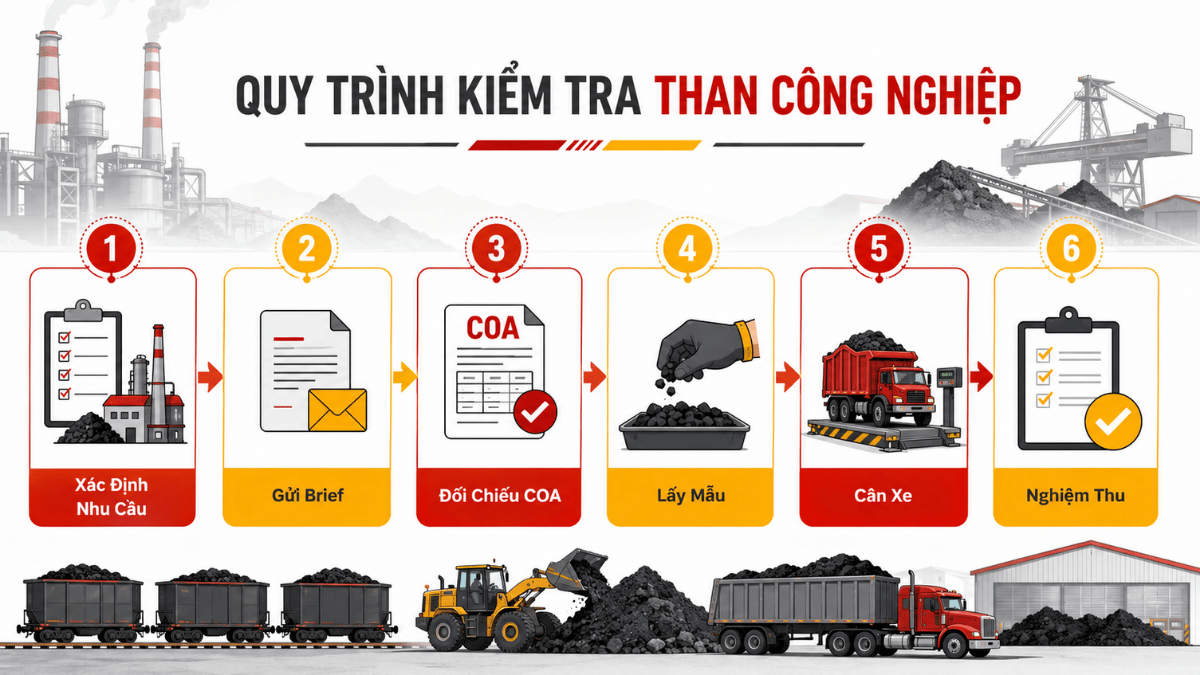 Quy trình kiểm tra than gồm COA lấy mẫu cân xe và nghiệm thu tại nhà máy
