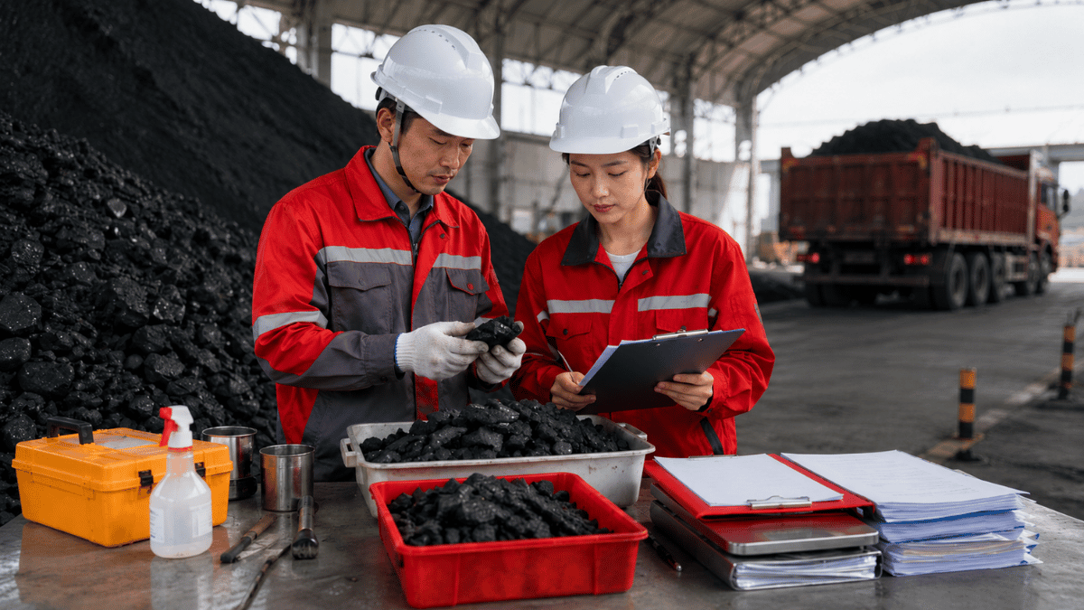 Kỹ thuật viên kiểm tra mẫu than, COA và hồ sơ giao nhận tại kho công nghiệp