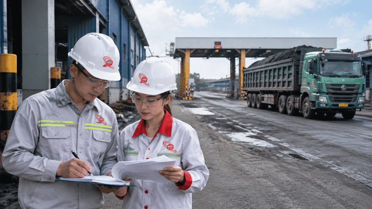 Xe giao than tại nhà máy và nhân viên kiểm tra chứng từ giao nhận