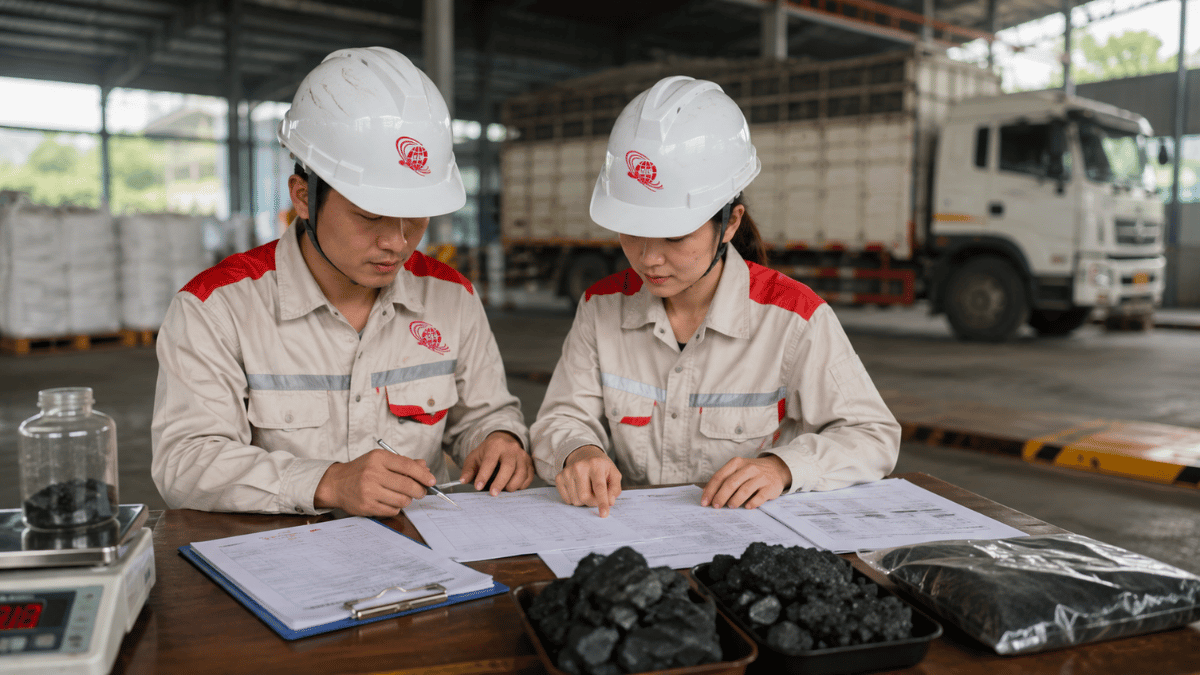 Kỹ thuật viên kiểm tra COA và mẫu than Indonesia tại kho