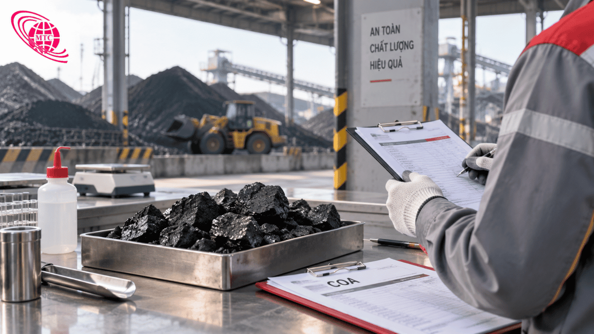 Kỹ thuật viên đối chiếu mẫu than đá Việt Nam và COA tại khu QA QC