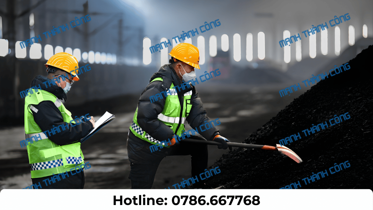 Kỹ thuật viên kiểm tra mẫu than công nghiệp và hồ sơ chất lượng tại kho