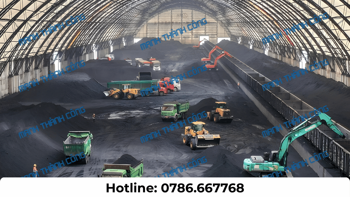 Toàn cảnh kho than công nghiệp với khu lưu trữ than và hệ thống mái che